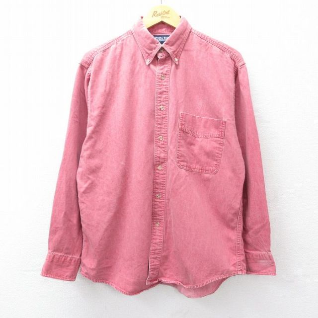 L★古着 ランズエンド 長袖 ブランド シャツ メンズ 90年代 90s コットン ボタンダウン USA製 赤系 25nov14
