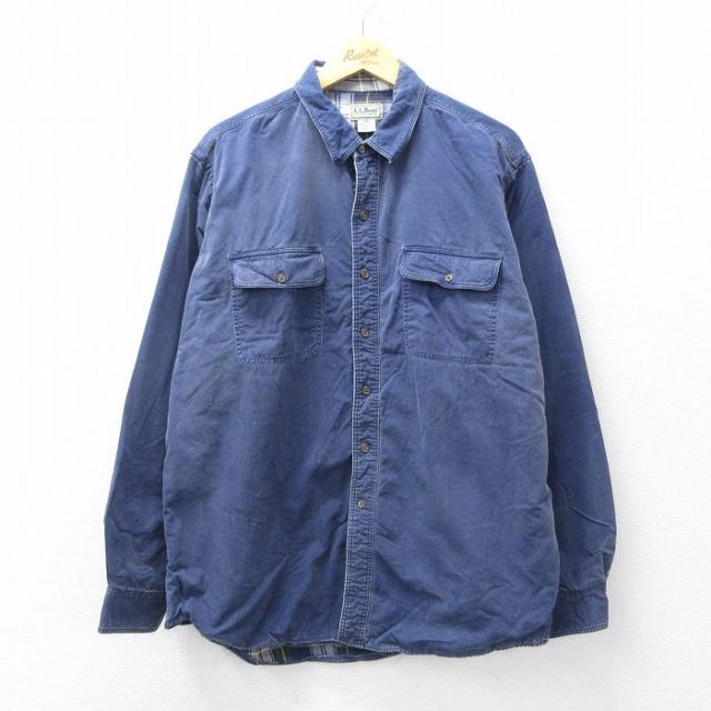 XL★古着 エルエルビーン 長袖 ブランド シャツ メンズ 80年代 80s 大きいサイズ コットン USA製 紺 内側フランネル【spe】 25nov14