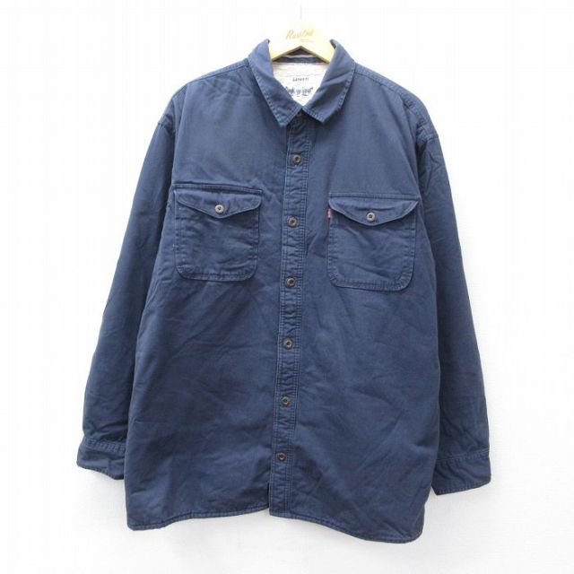 XL★古着 リーバイス Levis 長袖 ブランド シャツ メンズ ロング丈 コットン 紺 内側ボア 25nov14