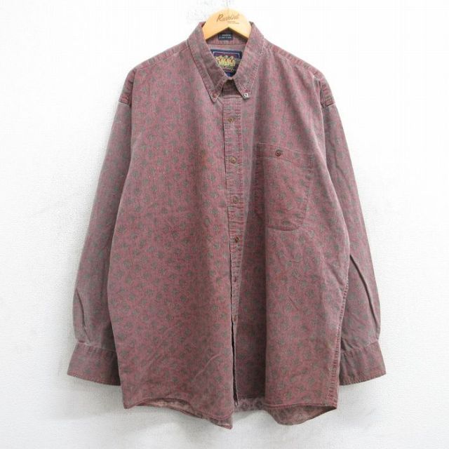 XL★古着 ラルフローレン チャップス 長袖 ブランド シャツ メンズ 80年代 80s 総柄 大きいサイズ ロング丈 コットン ボタンダウン エンジ他 25nov15