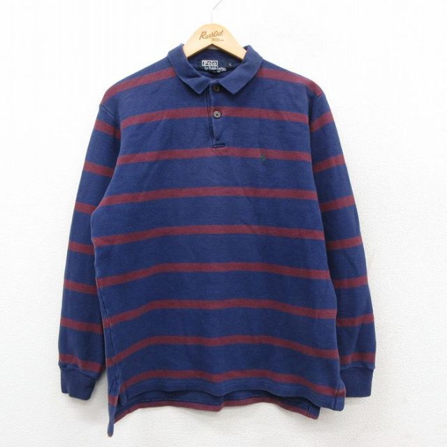 【20%OFF】L★古着 ラルフローレン 長袖 ブランド ポロ シャツ メンズ 90年代 90s ワンポイントロゴ 鹿の子 コットン USA製 紺他 ボーダー 25nov18