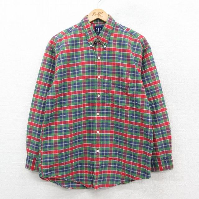 L★古着 ギャップ GAP 長袖 ブランド シャツ メンズ 90年代 90s コットン 緑他 チェック 25nov18