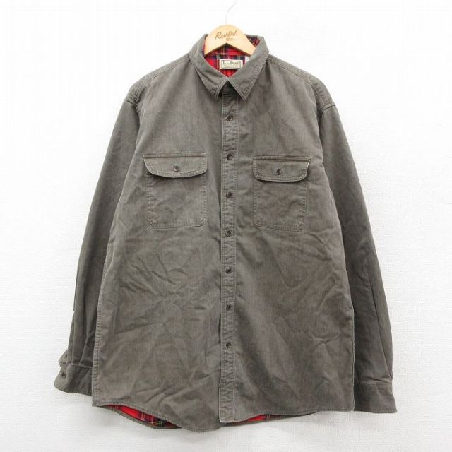 XL★古着 エルエルビーン 長袖 ブランド シャツ メンズ 80年代 80s 大きいサイズ ロング丈 コットン USA製 茶 内側フランネル 25nov18