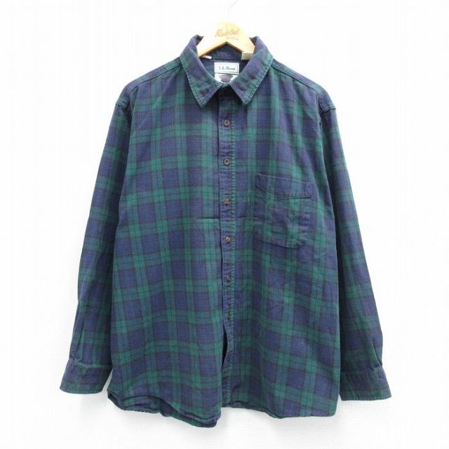 XL★古着 エルエルビーン 長袖 ブランド シャツ メンズ 90年代 90s 大きいサイズ コットン USA製 緑他 タータン チェック ブラックウォッチ 25nov18