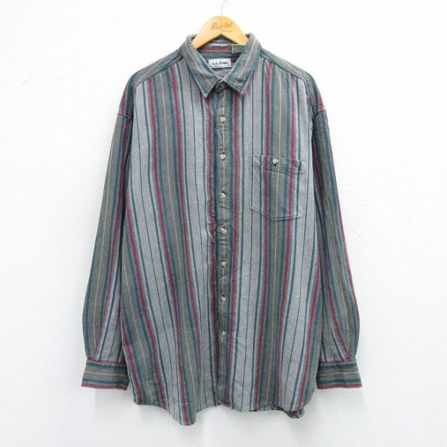 XL★古着 エルエルビーン 長袖 ブランド シャツ メンズ 90年代 90s ヘリンボーン 大きいサイズ ロング丈 コットン グレー他 ストライプ 25nov18