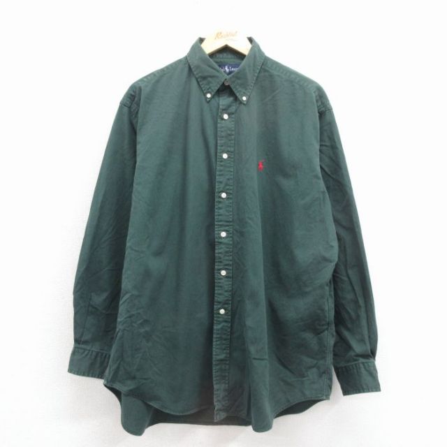 XL★古着 ラルフローレン 長袖 ブランド シャツ メンズ 90年代 90s ワンポイントロゴ 大きいサイズ ロング丈 コットン ボタンダウン 緑 25nov19