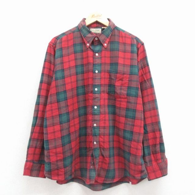 【20%OFF】XL★古着 エルエルビーン 長袖 ブランド シャツ メンズ 80年代 80s コットン ボタンダウン USA製 赤他 タータン チェック【spe】 25nov19