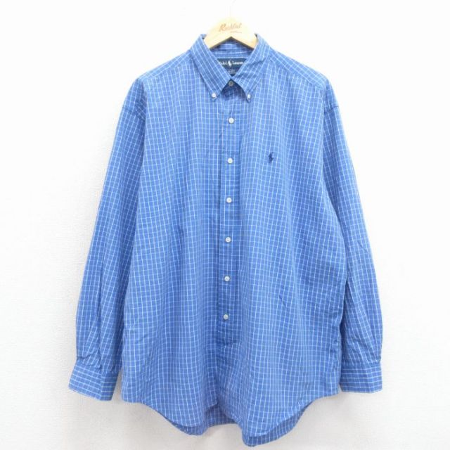 XL★古着 ラルフローレン 長袖 ブランド シャツ メンズ 90年代 90s ワンポイントロゴ BLAKE 大きいサイズ ロング丈 コットン ボタンダウン 薄紺他 チェック 25nov19