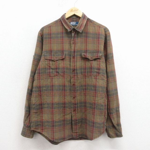 L★古着 ラルフローレン 長袖 ブランド シャツ メンズ 90年代 90s リネン 茶系 チェック 25nov19