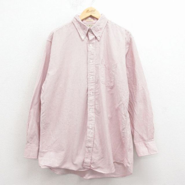 XL★古着 エルエルビーン 長袖 ブランド シャツ メンズ 80年代 80s オックスフォード ロング丈 コットン ボタンダウン USA製 エンジ他 ストライプ 25nov19