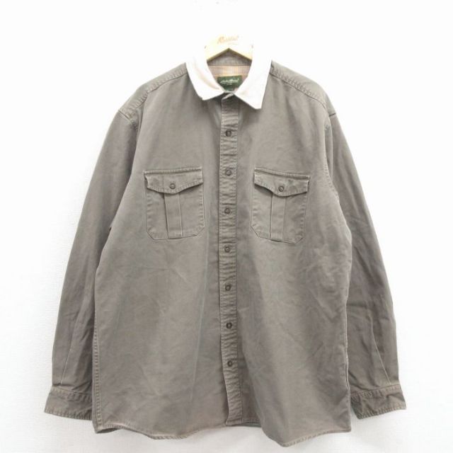 XL★古着 エディーバウアー 長袖 ブランド シャツ メンズ 大きいサイズ ロング丈 コットン 濃グレー系 25nov19