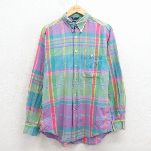 M★古着 ノーティカ 長袖 ブランド シャツ メンズ 90年代 90s ワンポイントロゴ コットン ボタンダウン 緑他 チェック 25nov19