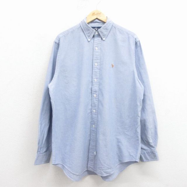 XL★古着 ラルフローレン 長袖 ブランド シャツ メンズ 90年代 90s ワンポイントロゴ オックスフォード 大きいサイズ ロング丈 コットン ボタンダウン 薄紺 25nov19