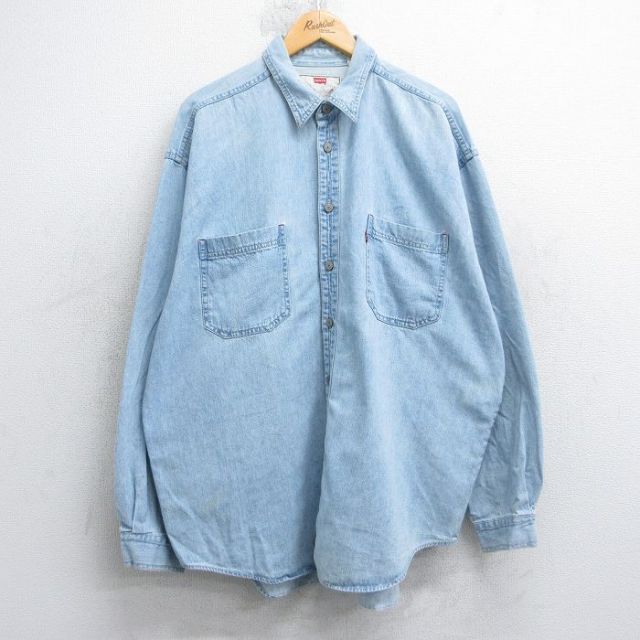 XL★古着 リーバイス Levis 長袖 ブランド シャツ メンズ 00年代 00s 大きいサイズ ロング丈 コットン 薄紺 デニム 25nov19