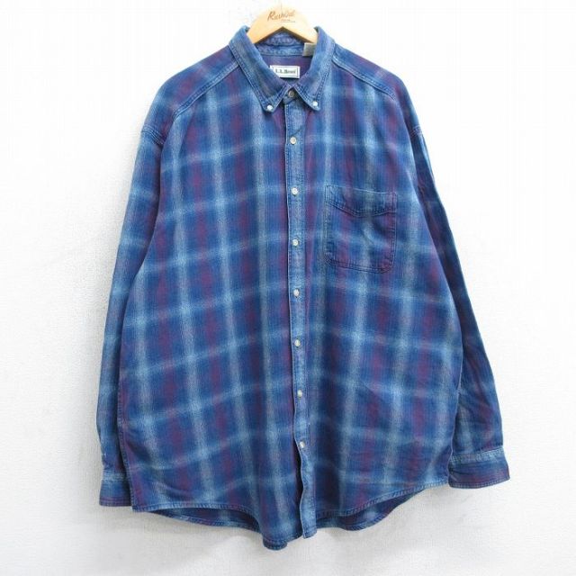 XL★古着 エルエルビーン 長袖 ブランド シャツ メンズ 90年代 90s 大きいサイズ ロング丈 コットン ボタンダウン USA製 紺他 オンブレ チェック【spe】 25nov19