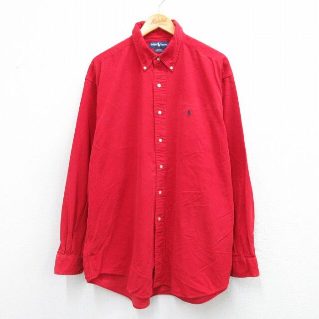 XL★古着 ラルフローレン 長袖 ブランド シャツ メンズ 90年代 90s ワンポイントロゴ コーデュロイ BLAKE 大きいサイズ ロング丈 コットン ボタンダウン 赤 25nov27