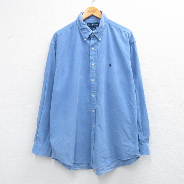XL★古着 ラルフローレン 長袖 ブランド シャツ メンズ 90年代 90s 大きいサイズ コーデュロイ BLAKE ロング丈 コットン ボタンダウン 水色 25nov27