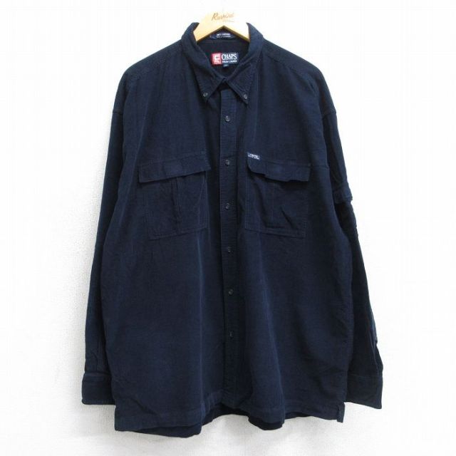 XL★古着 ラルフローレン チャップス 長袖 ブランド シャツ メンズ 90年代 90s コーデュロイ 大きいサイズ コットン ボタンダウン 紺 25dec02