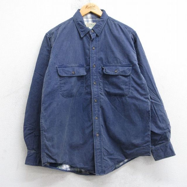 L★古着 エルエルビーン 長袖 ブランド シャツ メンズ 80年代 80s コットン USA製 紺 内側フランネル【spe】 25dec02