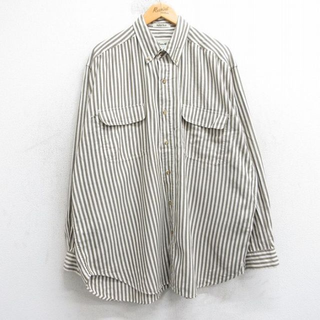 XL★古着 エディーバウアー 長袖 ブランド シャツ メンズ 00年代 00s 大きいサイズ ロング丈 コットン ボタンダウン 薄ベージュ他 ストライプ 25dec02