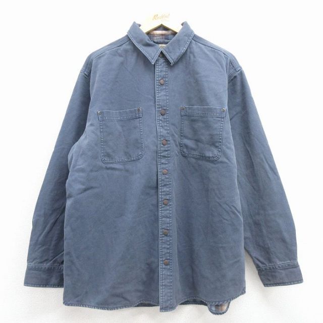 XL★古着 エルエルビーン 長袖 ブランド シャツ メンズ 00年代 00s ダック地 大きいサイズ コットン 紺 内側フランネル【spe】 25dec08