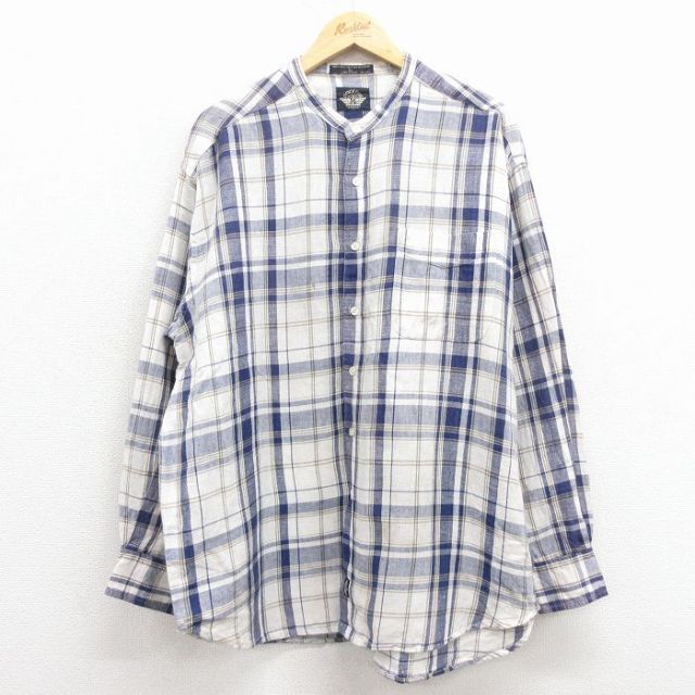 XL★古着 ドッカーズ 長袖 ブランド シャツ メンズ 90年代 90s 大きいサイズ リネン ノーカラー 白他 チェック 25dec08