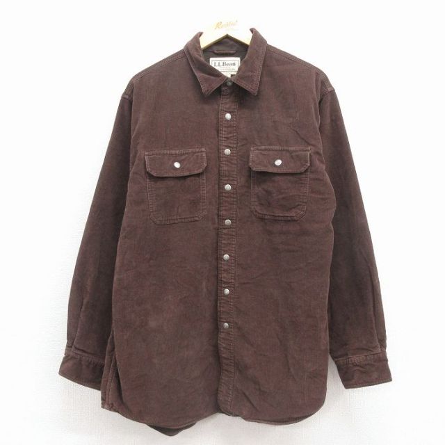 XL★古着 エルエルビーン 長袖 ブランド シャツ メンズ 00年代 00s コーデュロイ ロング丈 コットン こげ茶 内側フリース 25dec08