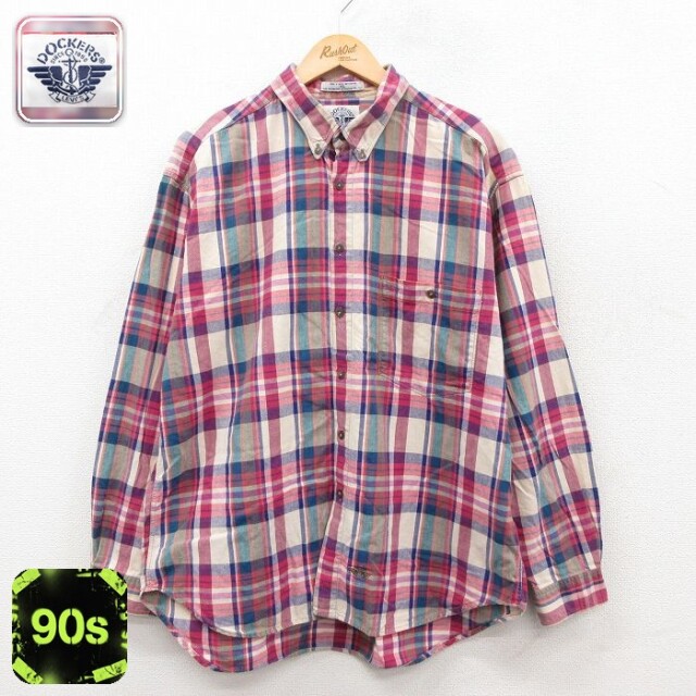 【50%OFF】ドッカーズ 90s 長袖シャツ ワンポイントロゴ ベージュチェック XL | 古着