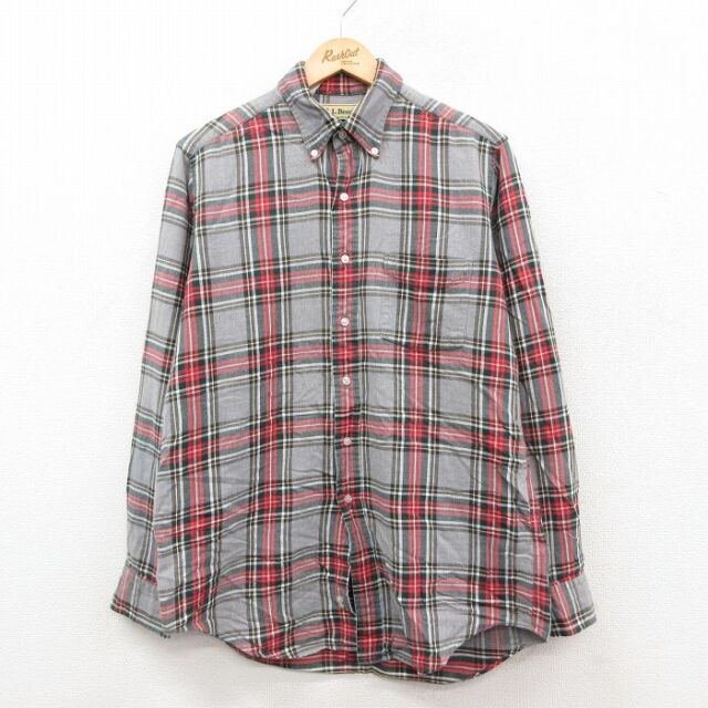 L★古着 エルエルビーン 長袖 ブランド シャツ メンズ 90年代 90s ロック バンド コットン ボタンダウン グレー他 チェック【spe】 25dec09