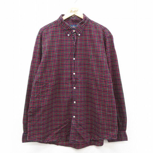 XL★古着 ラルフローレン 長袖 ブランド シャツ メンズ ワンポイントロゴ 大きいサイズ コットン ボタンダウン 赤他 チェック 25dec09