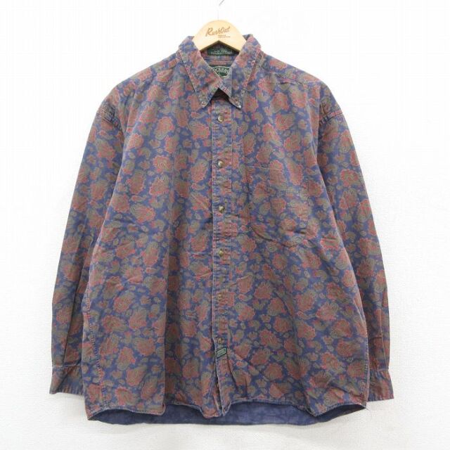 XL★古着 ドッカーズ 長袖 ブランド シャツ メンズ 90年代 90s ペイズリー柄 大きいサイズ コットン ボタンダウン 紺他【spe】 25dec09