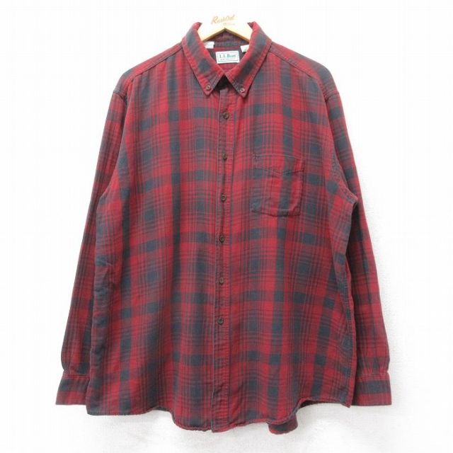 XL★古着 エルエルビーン 長袖 ブランド シャツ メンズ 90年代 90s 大きいサイズ コットン ボタンダウン USA製 エンジ他 チェック 25dec17