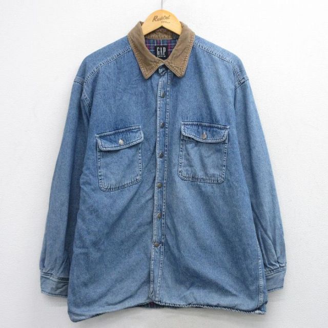 XL★古着 ギャップ GAP 長袖 ブランド シャツ メンズ 90年代 90s 襟コーデュロイ コットン 紺 デニム 内側フランネル 内側キルティング【spe】 25dec20