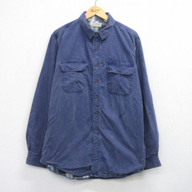 XL★古着 エルエルビーン 長袖 ブランド シャツ メンズ 80年代 80s 大きいサイズ ロング丈 コットン USA製 紺 内側フランネル 25dec20