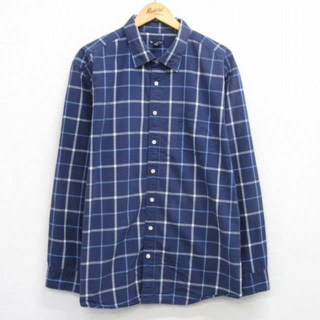 XL★古着 ギャップ GAP 長袖 ブランド シャツ メンズ 大きいサイズ ロング丈 コットン 紺他 チェック 25dec20