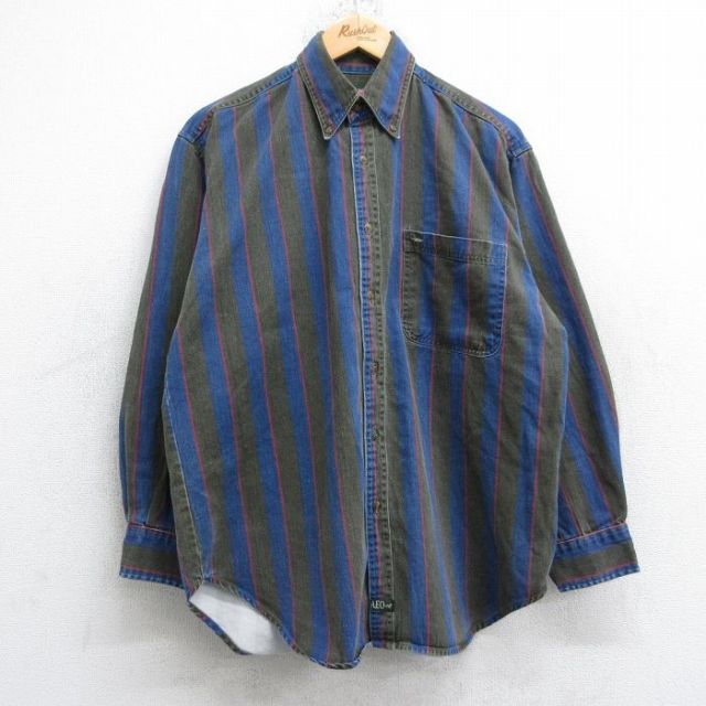 L★古着 アメリカンイーグル 長袖 ブランド シャツ メンズ 90年代 90s コットン 濃緑他 ストライプ【spe】 26jan19