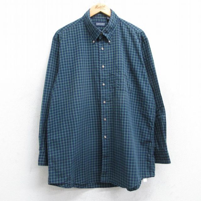 XL★古着 ランズエンド 長袖 ブランド シャツ メンズ 00年代 00s 大きいサイズ コットン ボタンダウン 緑他 チェック 26jan19