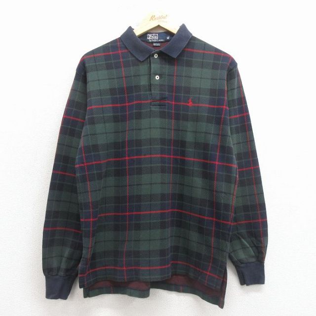 M★古着 ラルフローレン 長袖 ブランド ポロ シャツ メンズ 90年代 90s ワンポイントロゴ コットン USA製 緑他 チェック【spe】 26jan29