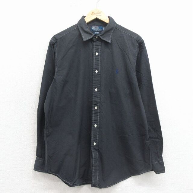 XL★古着 ラルフローレン 長袖 ブランド シャツ メンズ 90年代 90s ワンポイントロゴ ANDREW コットン 黒【spe】 26feb09
