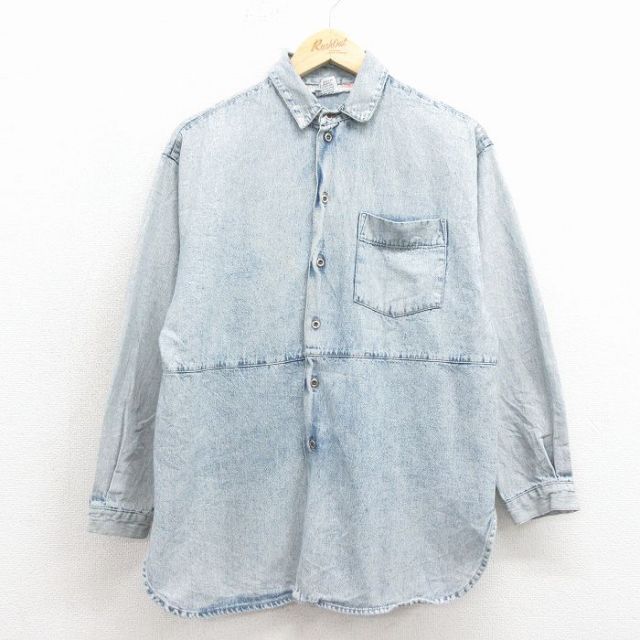 M★古着 カルバンクライン 長袖 シャツ レディース 90年代 90s ケミカルウォッシュ コットン USA製 紺 デニム 26feb16