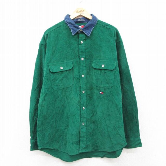 トミーヒルフィガー 90s 長袖シャツ ワンポイントロゴ グリーン XL | 古着