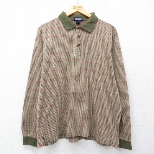 ランズエンド 00s 長袖ポロシャツ ベージュ千鳥格子 XL | 古着