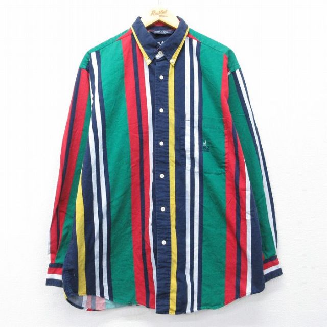 【20%OFF】ノーティカ 90s 長袖シャツ ワンポイントロゴ ネイビーストライプ XL | 古着