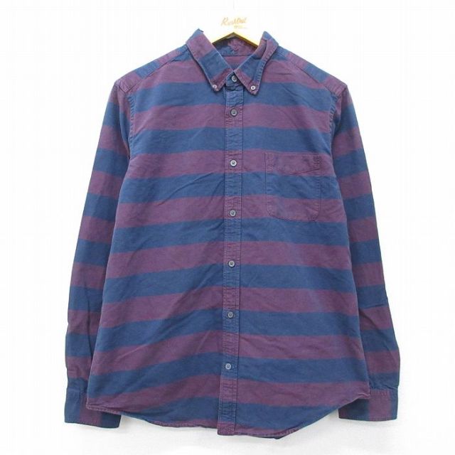 L★古着 ギャップ GAP 長袖 ブランド シャツ メンズ コットン ボタンダウン エンジ他 ボーダー 26mar06