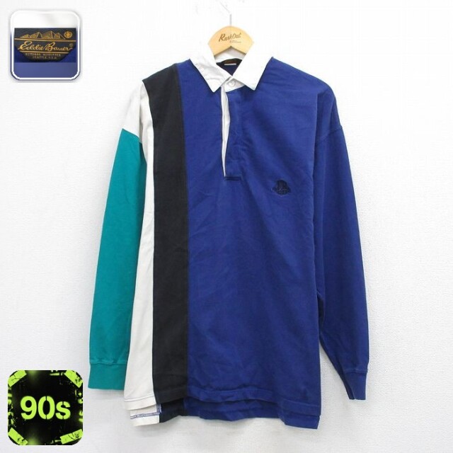 【50%OFF】エディーバウアー 90s 長袖ラガーシャツ ワンポイントロゴ ブルー L | 古着