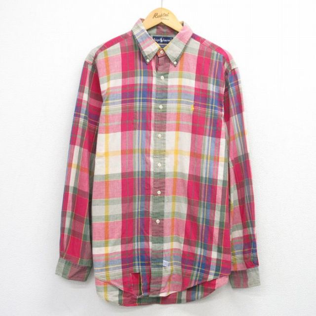 XL★古着 ラルフローレン 長袖 ブランド シャツ メンズ 90年代 90s ワンポイントロゴ 大きいサイズ ロング丈 コットン ボタンダウン ピンク他 チェック 26mar07