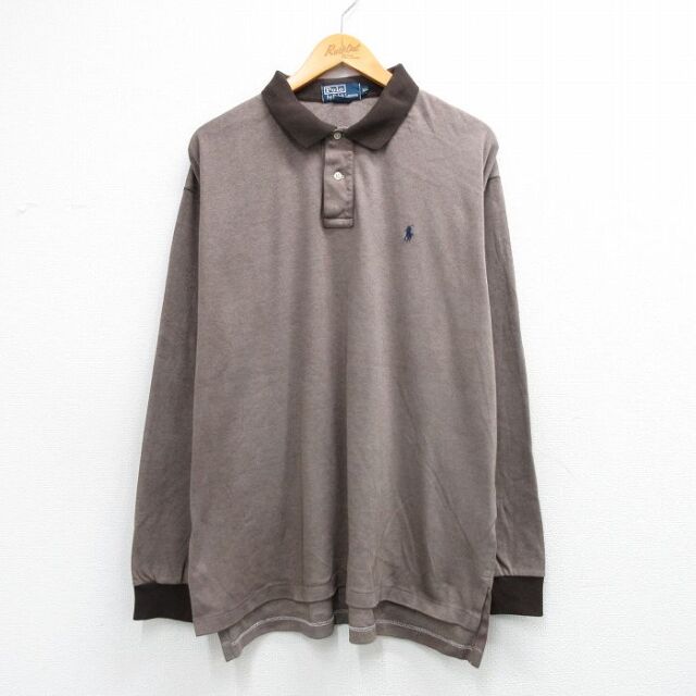 XL★古着 ラルフローレン 長袖 ブランド ポロ シャツ メンズ 90年代 90s ワンポイントロゴ 大きいサイズ コットン 茶系 霜降り 26mar09
