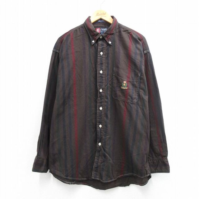 XL★古着 ラルフローレン チャップス 長袖 ブランド シャツ メンズ 90年代 90s ワンポイントロゴ コットン ボタンダウン 茶他 ストライプ 26mar09