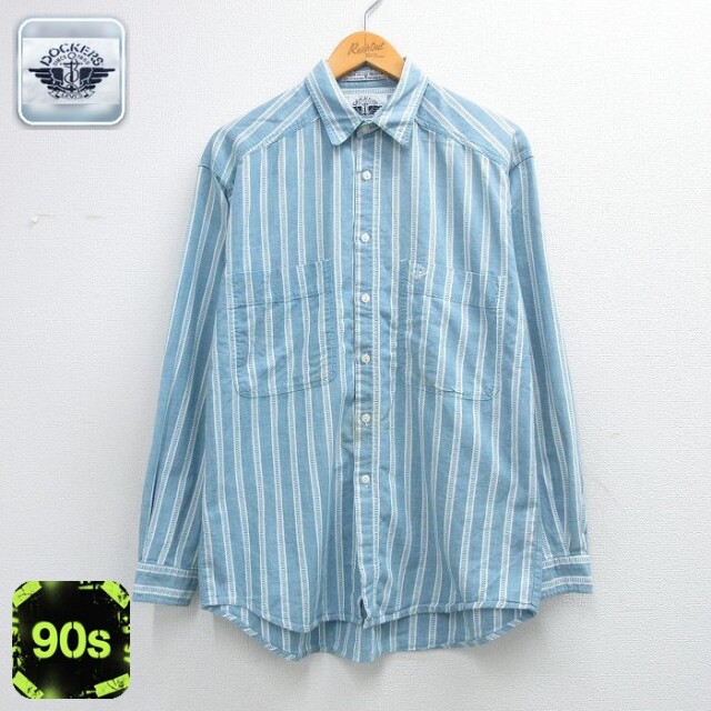 【50%OFF】ドッカーズ 90s 長袖シャツ ワンポイントロゴ ネイビーストライプ L | 古着