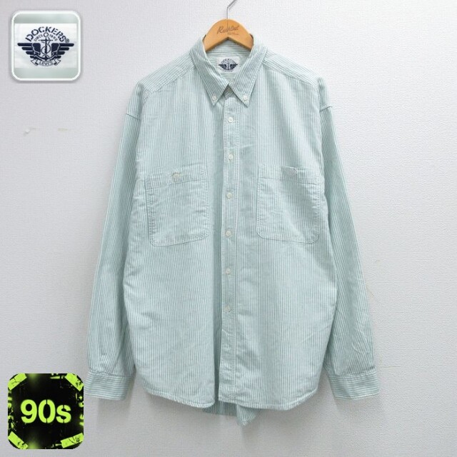 【50%OFF】ドッカーズ 90s 長袖シャツ ワンポイントロゴ グリーンストライプ XL | 古着